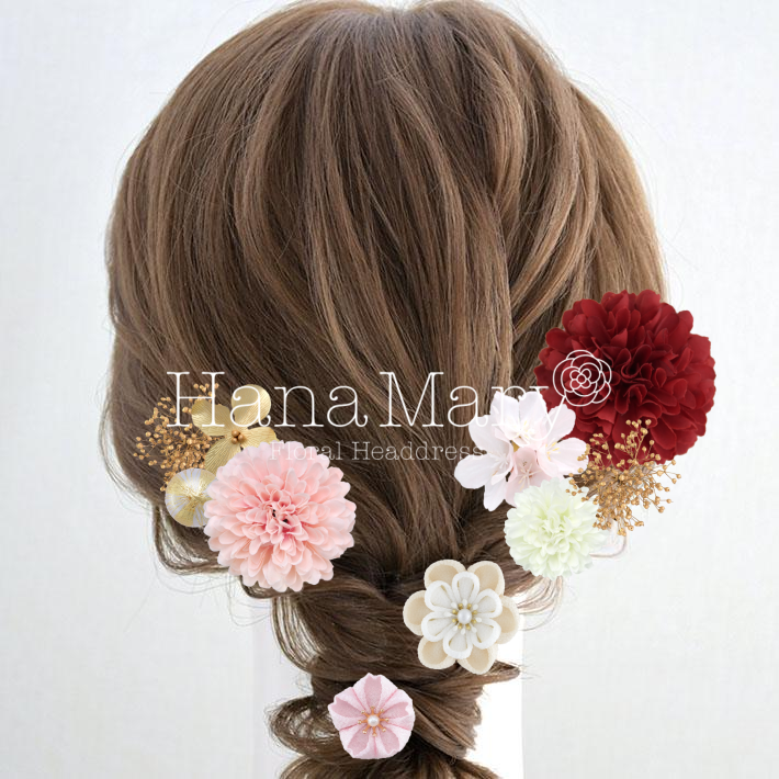 菊・桜・かすみ草の髪飾り　編みおろし