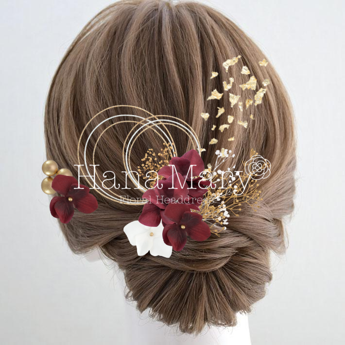 紫陽花と金白赤の髪飾り