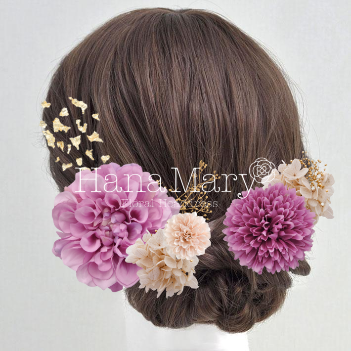 紫ダリアとマムの髪飾り
