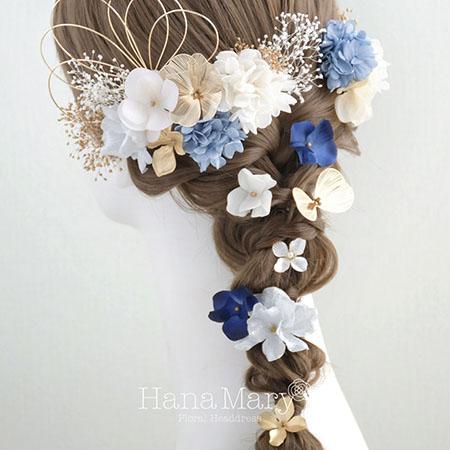 あみ下ろしを華やかに プリザの髪飾り成人式 卒業式 結婚式【青】