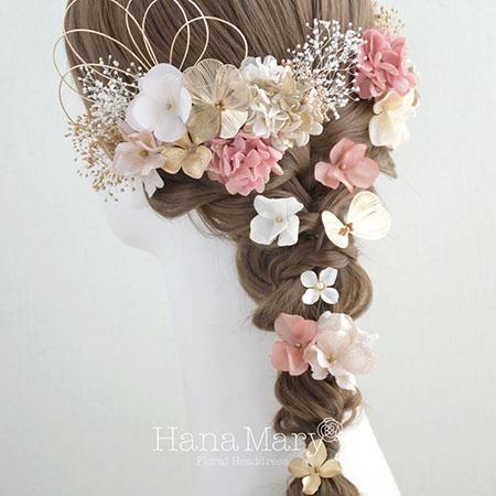 あみ下ろしを華やかに プリザの髪飾り成人式 卒業式 結婚式【ライムピンク】