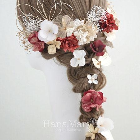 あみ下ろしを華やかに プリザの髪飾り成人式 卒業式 結婚式【お祝い紅白】